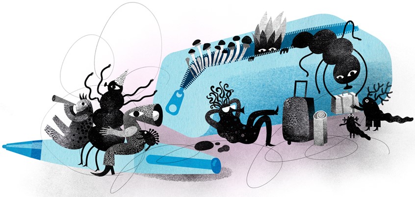 illustration of How easy it is for bacteria to travel inside your home - editorial illustration for NBC / Procter and Gamble. Germs, monsters, weird creatures, character design, party, music festival, Monochrome, blue, microbes, healthcare, fungi, strange creatures arriving