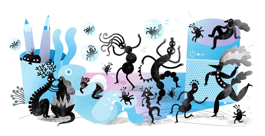 illustration of How easy it is for bacteria to travel inside your home - editorial illustration for NBC / Procter and Gamble. Germs, monsters, weird creatures, character design, party, music festival, dancing. Monochrome, blue, microbes, healthcare