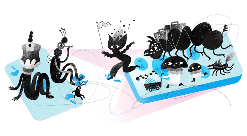 illustration of How easy it is for bacteria to travel inside your home - editorial illustration for NBC / Procter and Gamble. Germs, monsters, weird creatures, character design, party, music festival, fungi, mushrooms, arrival. Monochrome, blue, microbes, healthcare,