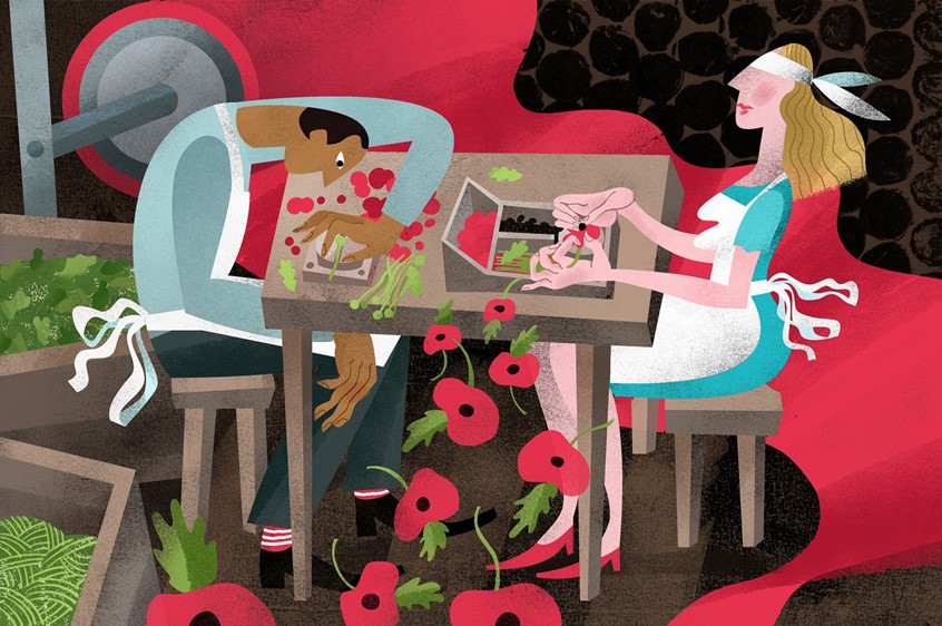 illustration of Editorial illustration for Richmond First World War Project by London Borough of Richmond Upon Thames, about the story of British legion Poppy factory. Today, The factory became a specialist employability charity for disabled veterans.At a small table, visitors are invited to have a go at making their own poppy. It must be made using either only the one hand, or with eyes closed.