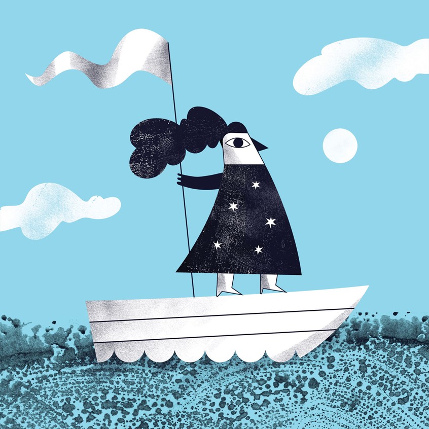 illustration of Brave bird on a boat launching on an adventure on the stormy sea. Courage, curiosity, winning, brave, flag, explore, exploring, forward-looking, funky, edgy, female empowerment, she can
