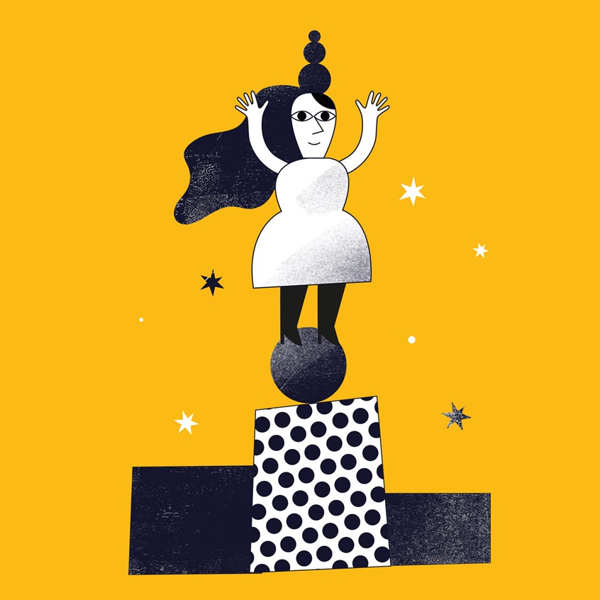illustration of A girl standing on a pedestal, celebrating, winning, winner, number 1, number one, yellow, monochrome, funky character, female empowerment, girl power, grl pwr, yes she can