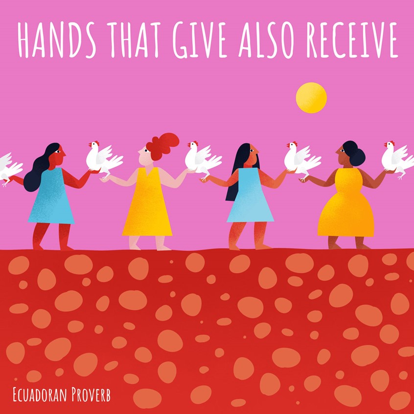 illustration of Hands That Give Also Receive, Ecuadorian proverb. Folk art, folk wisdom, diversity, sharing, gratitude, community, women, female power, women unite, women with birds, women's circle, giving, charity, pink