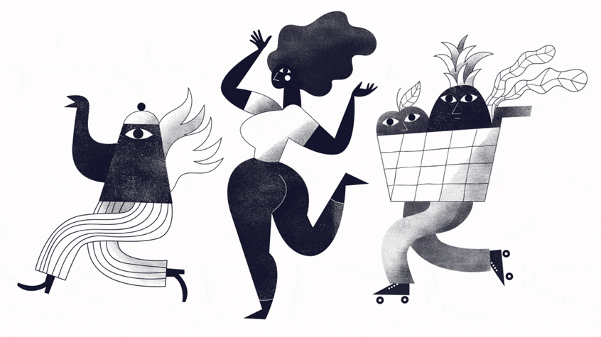 illustration of Multi-award winning corporate illustrations for Zappi, online marketing research company. My brief was to create forward-looking illustrative identity that supported the brand’s existing visual language, and to visualise quite complex abstract concepts. Weird characters, funky characters, dancing teapot, skating pineapple