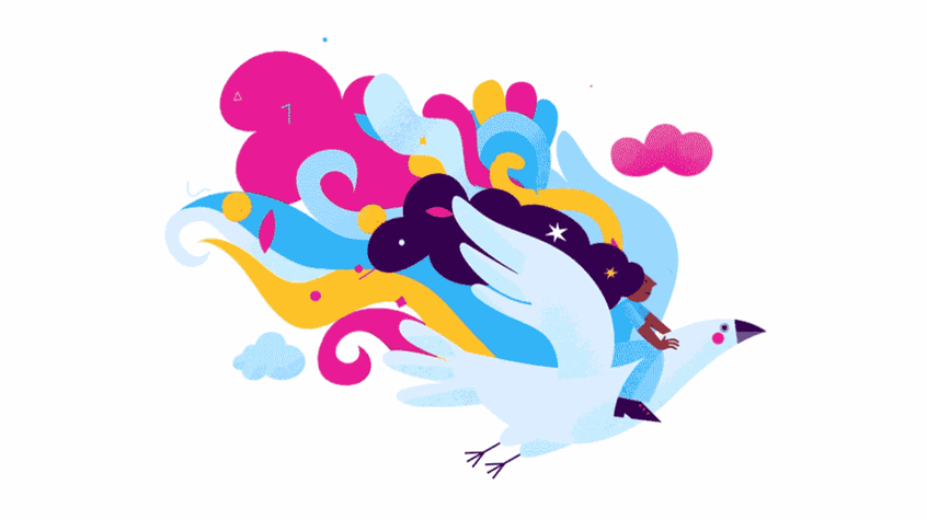 illustration of Nurse flying on a magical dove. Corporate illustration for Intelycare, healthcare app. Care home, healthcare facility, doctor, healthcare professional, psychedelic, flight, bird, girl, young black woman, long dark hair