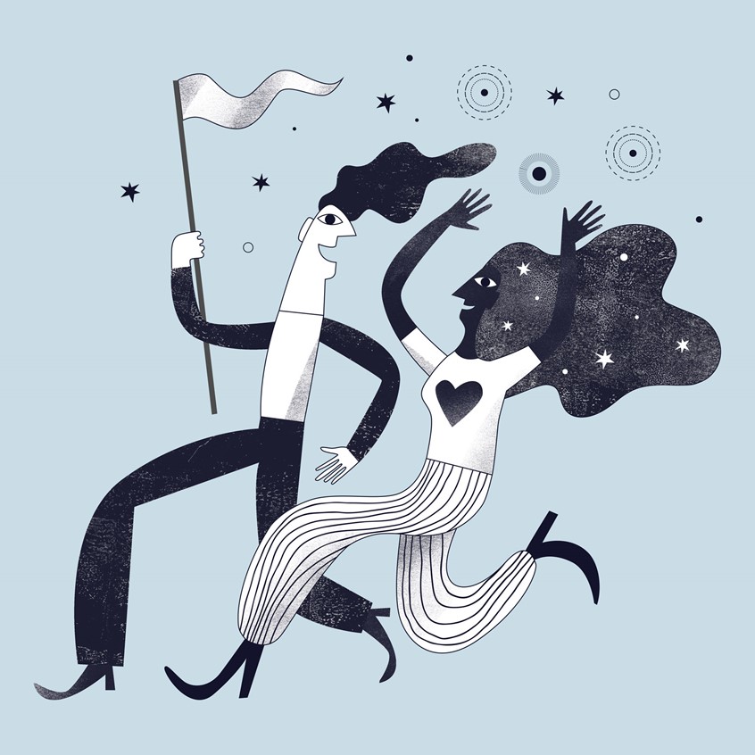illustration of Multi-award winning corporate illustrations for Zappi, online marketing research company. My brief was to create forward-looking illustrative identity that supported the brand’s existing visual language, and to visualise quite complex abstract concepts. Happy couple running with a flag and celebrating, funky characters