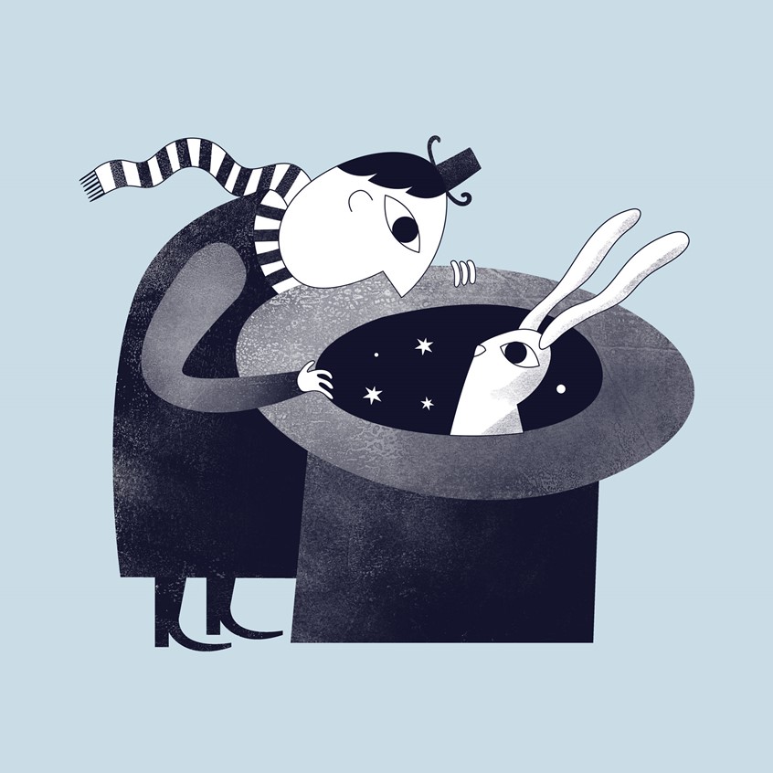 illustration of Multi-award winning corporate illustrations for Zappi, online marketing research company. My brief was to create forward-looking illustrative identity that supported the brand’s existing visual language, and to visualise quite complex abstract concepts. Magic, magician, funky characters, monochrome, black and white, wonder