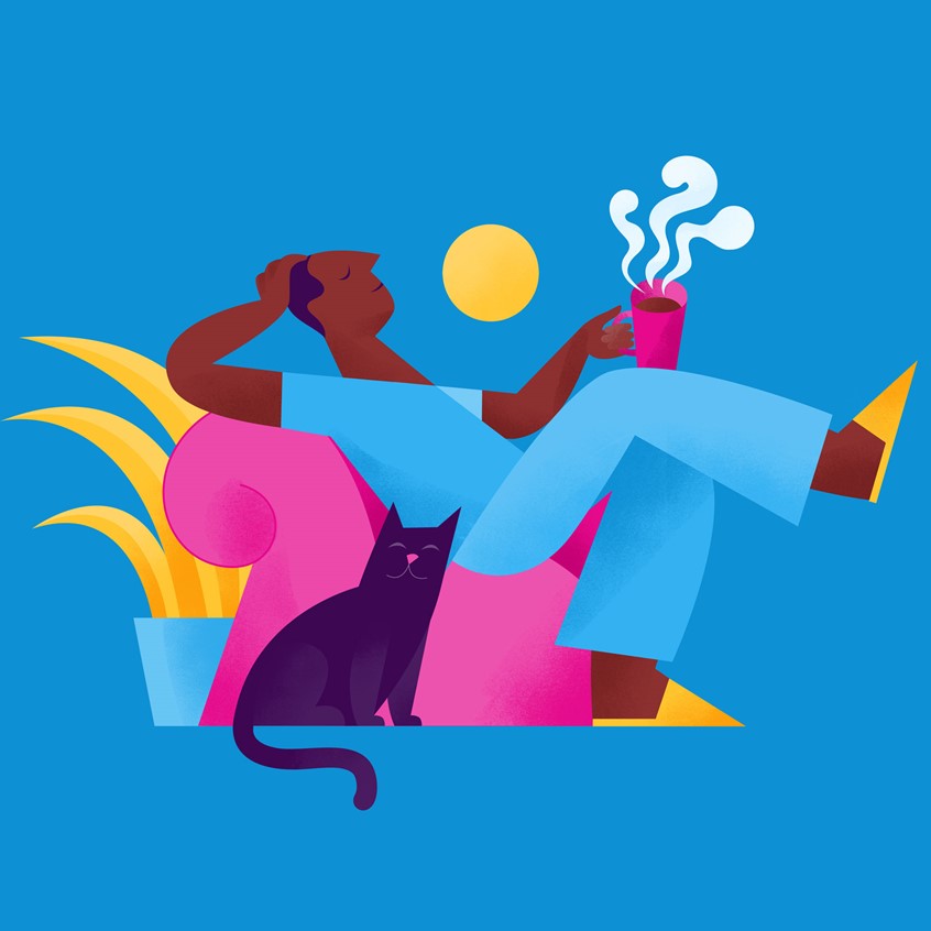 illustration of Corporate illustration for a intelycare. Black male nurse resting after a hard day at work. Pink armchair, cheeky cat, drinking tea, chillin, confidence, home, cosy, cozy, slippers, chilled, laid back, nurses, healthcare personnel, scrub