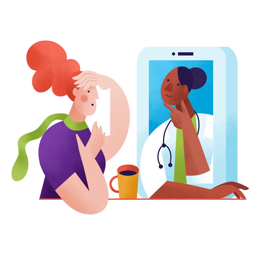 illustration of Patient talking to a doctor via mobile phone, conversation, drinking tea, black female doctor, white female with red hair, healthcare illustration, online consultation, video consultation, two women talking, medical tech