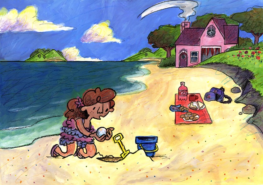 illustration of Excerpt from a work in progress in collaboration with author Jackie Price, since summer 2020. A story about magic, buried treasure, unknown worlds, tyrannical kings and picnics // beach, picnic, pearl, bucket, spade, ocean, swimsuit, seaside, Summer