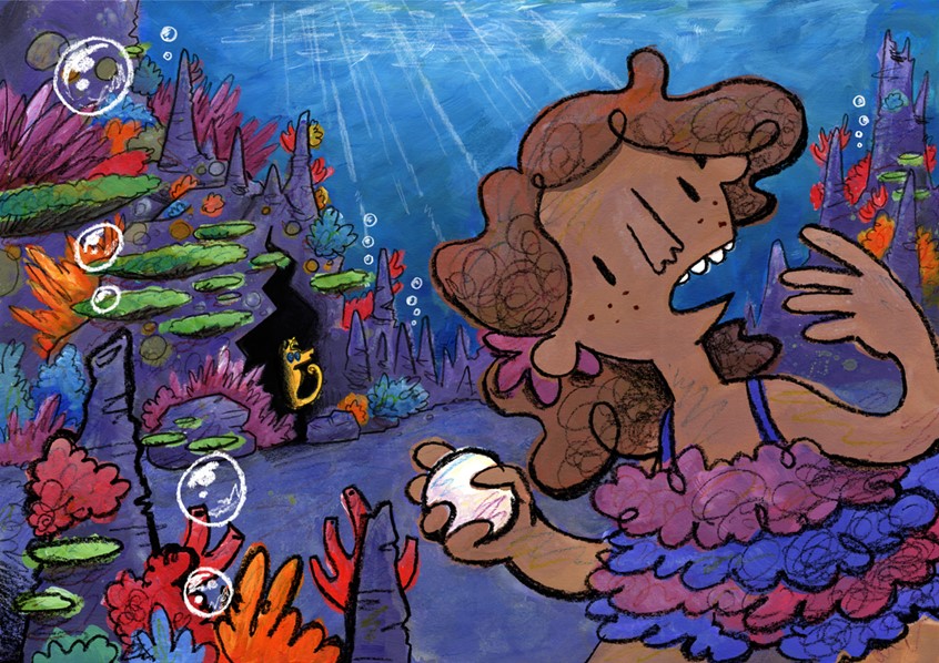 illustration of Excerpt from a work in progress in collaboration with author Jackie Price, since summer 2020. A story about magic, buried treasure, unknown worlds, tyrannical kings and picnics // underwater, ocean, seahorse, coral, reef, pearl, swimsuit, seabed, sea, bubbles, cave