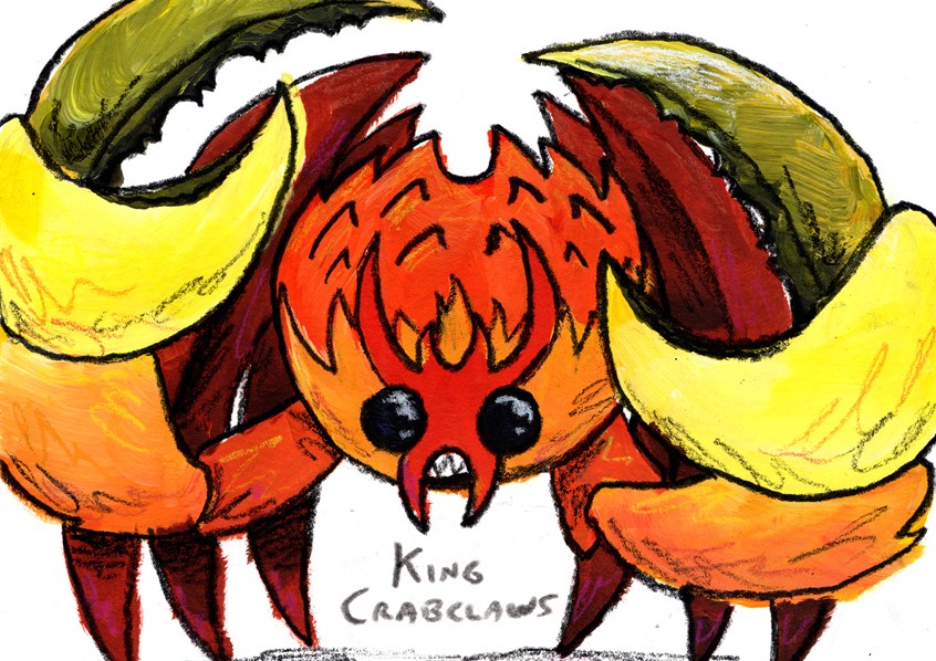 illustration of Character concept art from a work in progress in collaboration with author Jackie Price, since summer 2020. A story about magic, buried treasure, unknown worlds, tyrannical kings and picnics // crab, monster, evil, sealife, sea, ocean, crustacean, lobster
