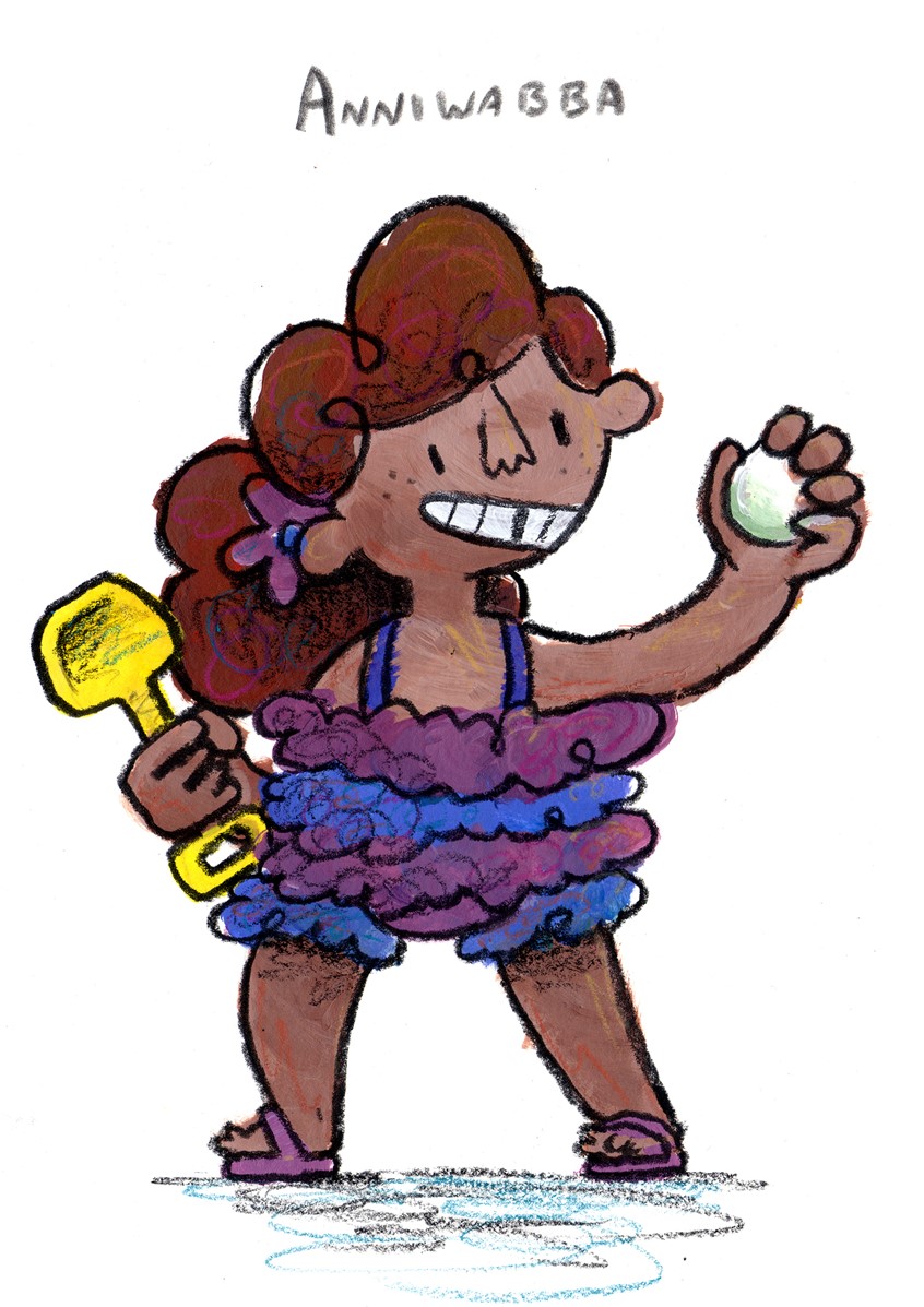 illustration of Character concept art from a work in progress in collaboration with author Jackie Price, since summer 2020. A story about magic, buried treasure, unknown worlds, tyrannical kings and picnics // beach, pearl, spade, swimsuit, Summer