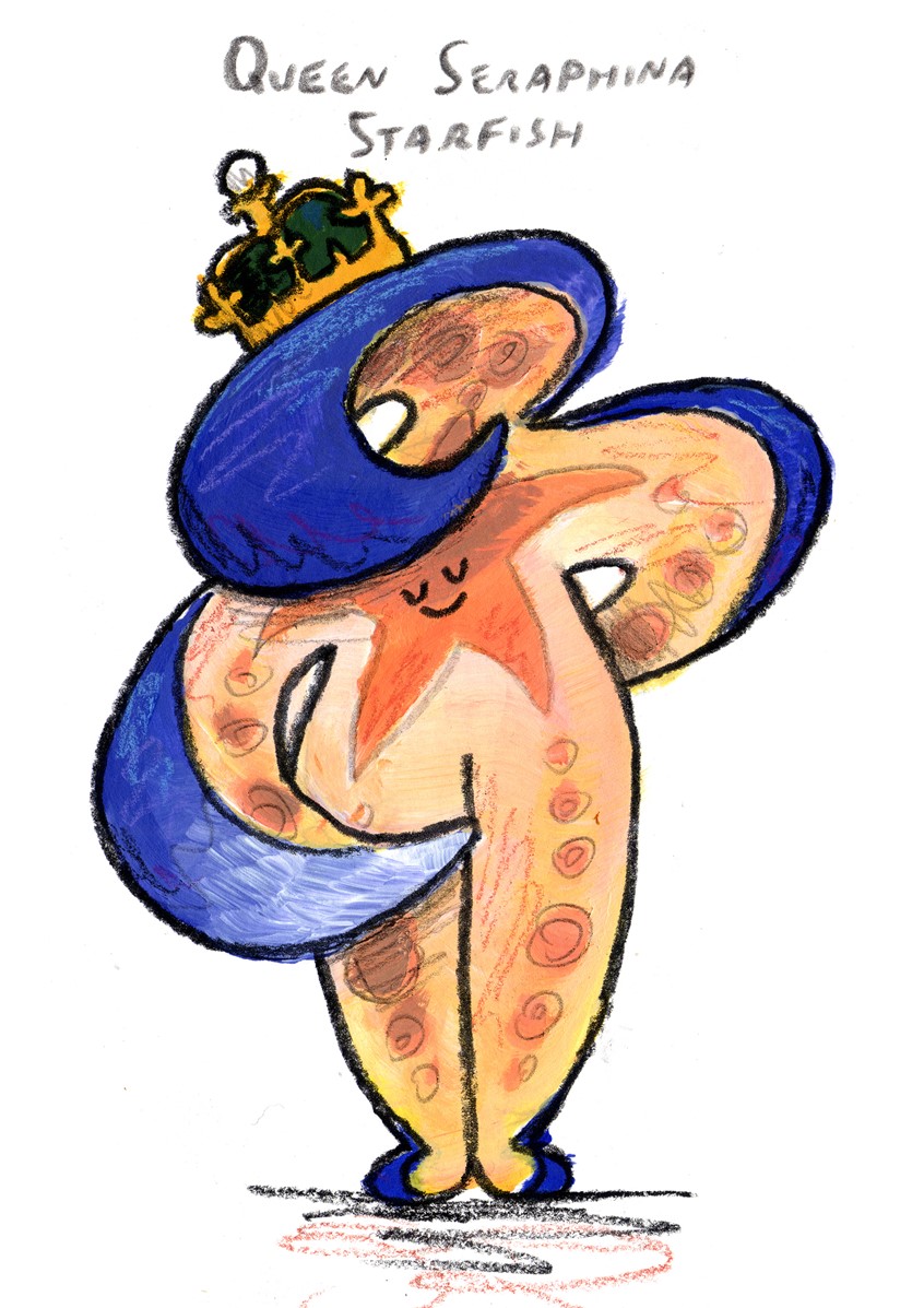 illustration of Character concept art from a work in progress in collaboration with author Jackie Price, since summer 2020. A story about magic, buried treasure, unknown worlds, tyrannical kings and picnics // starfish, fish, sea, sealife, ocean, royalty, regal, queen, crown