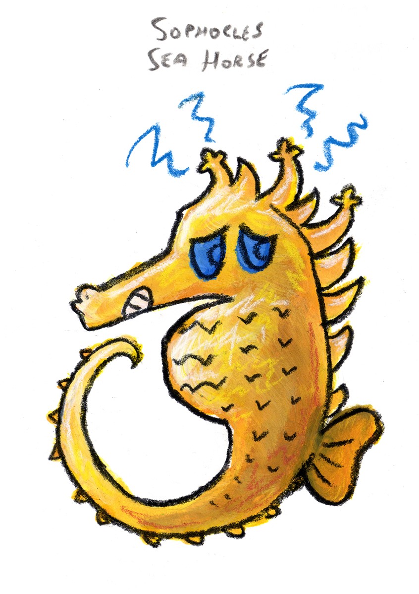 illustration of Character concept art from a work in progress in collaboration with author Jackie Price, since summer 2020. A story about magic, buried treasure, unknown worlds, tyrannical kings and picnics // seahorse, anxiety, worry, fish, ocean, sea, sealife