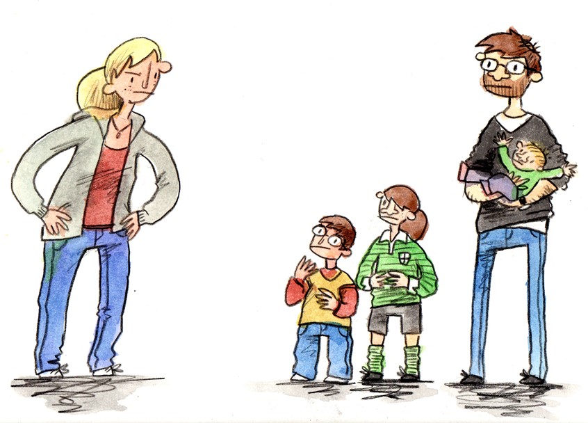 illustration of Excerpt from a children's story about family and unreliable narrators I was commissioned to illustrate in a short space of time, as a gift for the author's son // mother, father, mum, mom, dad, son, daughter, baby, argument, anger, angry, accusation, home, family, household