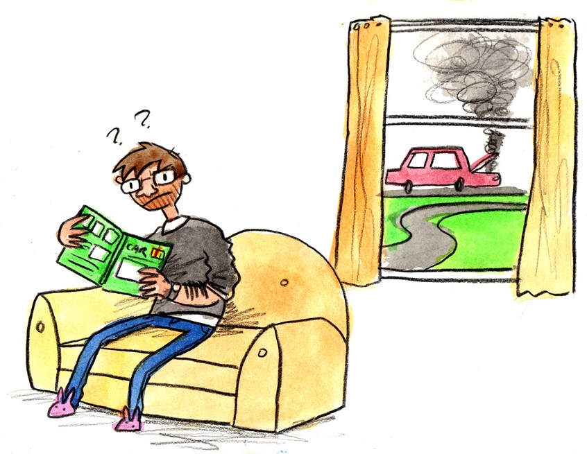 illustration of Excerpt from a children's story about family and unreliable narrators I was commissioned to illustrate in a short space of time, as a gift for the author's son // dad, father, man, mechanic, manual, Hayne's manual, slippers, sofa, living room, lounge, car, confused, confusion