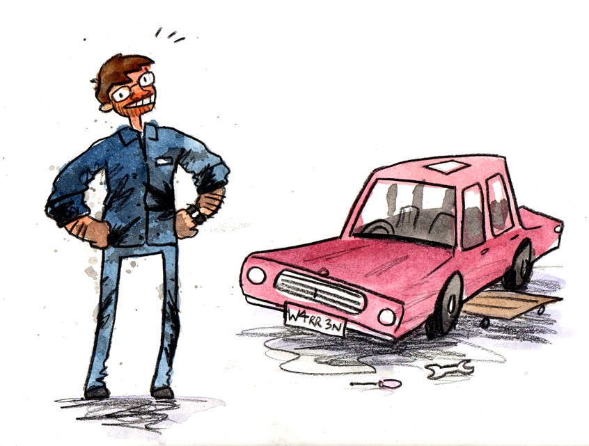 illustration of Excerpt from a children's story about family and unreliable narrators I was commissioned to illustrate in a short space of time, as a gift for the author's son // car, dad, father, mechanic, oil, overalls, jumpsuit