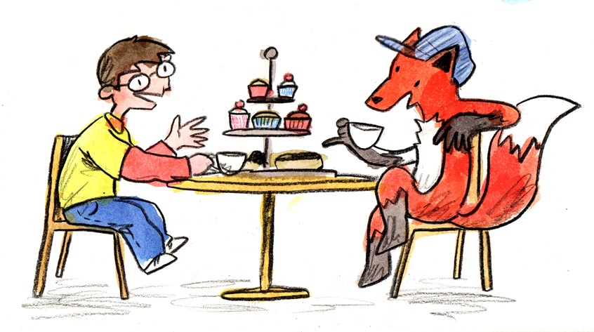 illustration of Excerpt from a children's story about family and unreliable narrators I was commissioned to illustrate in a short space of time, as a gift for the author's son // boy, fox, engineer, afternoon tea, tea party, cupcakes, cupcake, cakes, cake, tea party, conversation