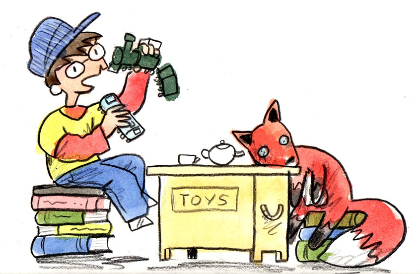 illustration of Excerpt from a children's story about family and unreliable narrators I was commissioned to illustrate in a short space of time, as a gift for the author's son // toys, trains, engineer, boy, play, playtime, tea set, tea, fox, books, plushie