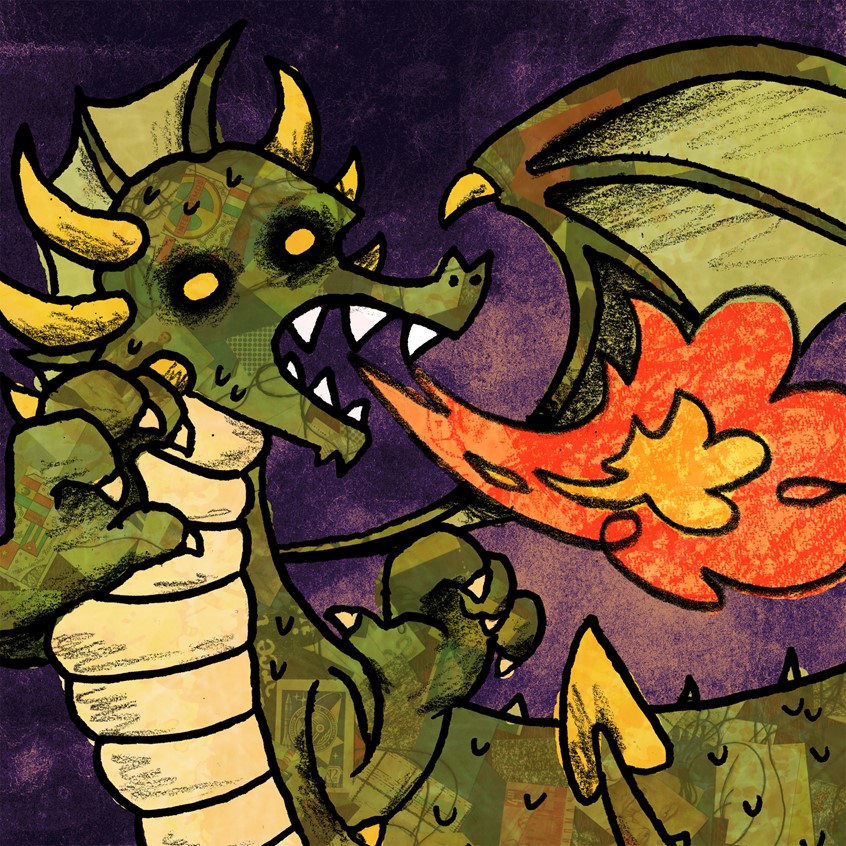 illustration of Character portrait for Avetinja, a work in progress puzzle RPG roguelite video game inspired by Serbian and Slavic folklore // azdaja, dragon, drake, fire, monster, horror, lizard, reptile, fangs, claws, mythology, myth, legend