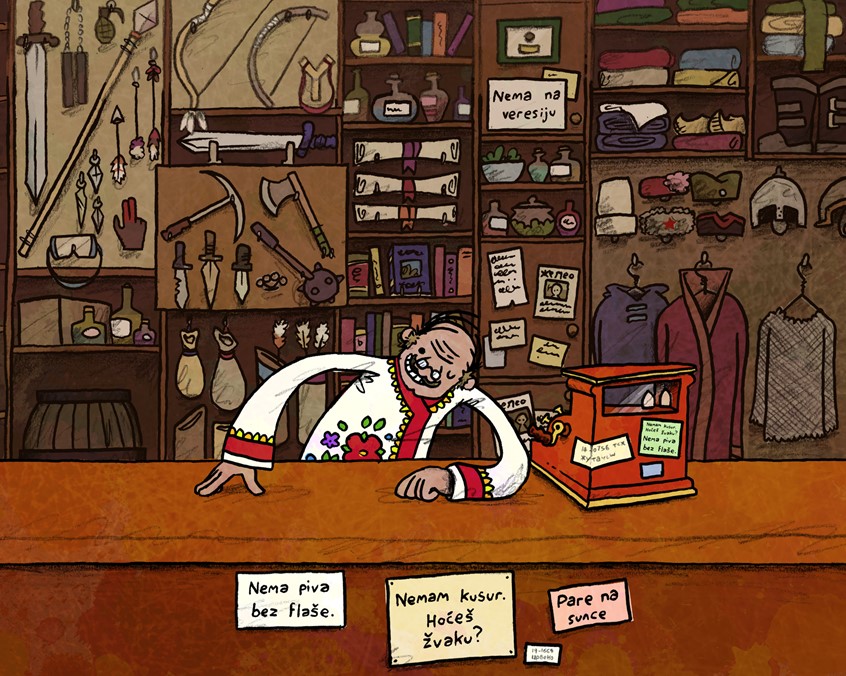 illustration of A scene from Avetinja, a work in progress puzzle RPG roguelite video game inspired by Serbian and Slavic folklore // shopkeeper, shopkeep, shelves, books, weapons, sword, bow, potion, scroll, magic, grenade, arrow, clothes, store, commerce, till, cash register, mace, axe, pickaxe, boots, robe, helmet, hat, slingshot, knife, kunai