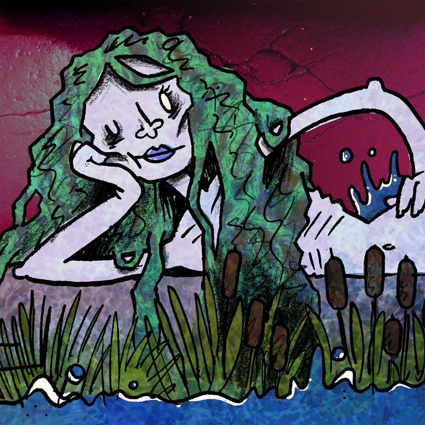 illustration of Character portrait for Avetinja, a work in progress puzzle RPG roguelite video game inspired by Serbian and Slavic folklore //rusalka, undead, monster, horror, pond, cat tail, cattail, typha, reeds, lake, siren, mermaid, zombie, sexy, alluring, charm, mythology, myth, legend