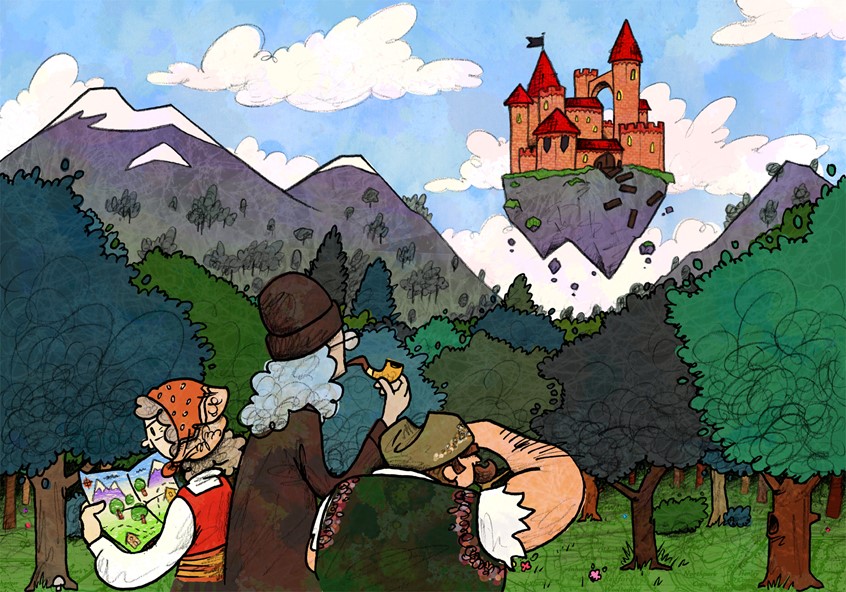 illustration of A scene from Avetinja, a work in progress puzzle RPG roguelite video game inspired by Serbian and Slavic folklore // castle, floating island, forest, woods, lost, map, clouds, sky, mountains, pipe, babushka
