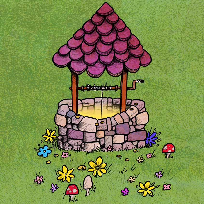 illustration of A scene from Avetinja, a work in progress puzzle RPG roguelite video game inspired by Serbian and Slavic folklore // wishing well, well, magic, coins, gold, flowers, field, mushrooms, wish, dream, prayer