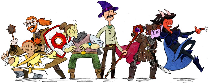 illustration of Commissioned piece for a group of player characters in a game of Dungeons and Dragons
I was only given a brief description of everyone's style and personality and otherwise given free rein on how to interpret the characters // adventurer, knight, shield, mace, monk, wizard, magician, mage, staff, demon, tiefling, armor, armour, bracelet, robe, gi, boots, DnD, elf, elves, dwarf, tabletop