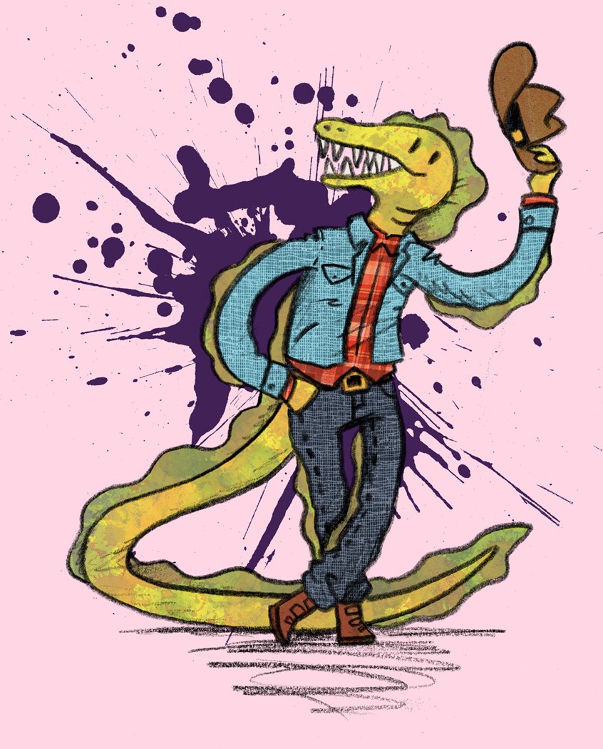 illustration of Commissioned piece for a character design. A kindly cowboy eel named Kingsley // cowboy, denim, stetson, lizard, fish, fangs, furry, scalie, anthro, anthropomorphic, jeans, boots, plaid, flannel