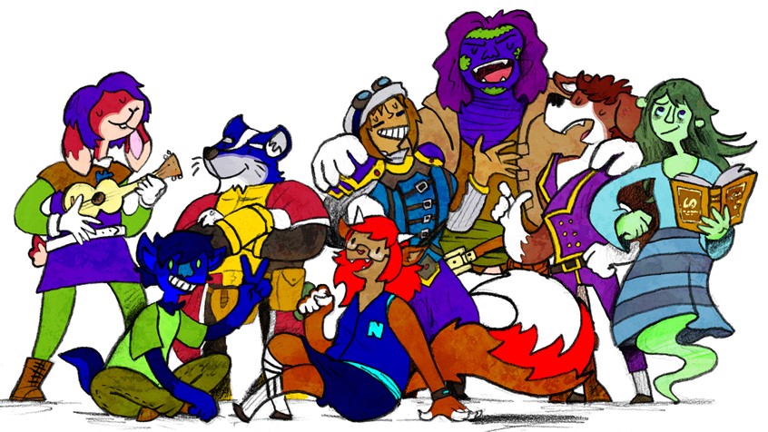illustration of Commissioned piece for a group of player characters in a game of Dungeons and Dragons. The party was already well-established by this point so I was briefed on their interpersonal relationships so I could incorporate as much detail as possible // dog, animal, ghost, varsity jacket, adventurers, book, armor, armour, ukulele, badger, fox, furry, anthro, anthropomorphic, goggles, DnD, tabletop