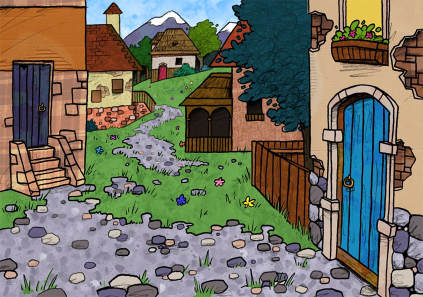 illustration of A scene from Avetinja, a work in progress puzzle RPG roguelite video game inspired by Serbian and Slavic folklore
The architecture is inspired by real Serbian villages from different times in history, as the game does not take place at any one specific time // village, town, cobblestone, brick, hill, mountain, flowerbox, house, houses, Serbia