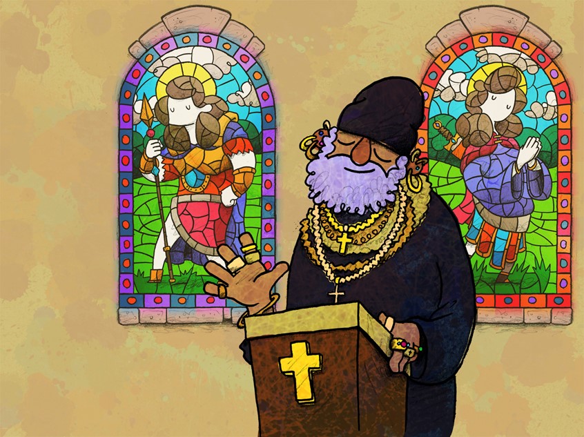 illustration of A scene and character portrait from Avetinja, a work in progress puzzle RPG roguelite video game inspired by Serbian and Slavic folklore
The priest's attire is a parody of Serbian orthodox Christian culture, and the windows are inspired by real windows in the Church of the Holy Ascention of the Lord // gold, jewelery, necklace, ring, stained glass, hero, knight, sword, spear, saint, church, vicar, Christianity, Christ, crucifix, altar, podium, holy, beard, earring