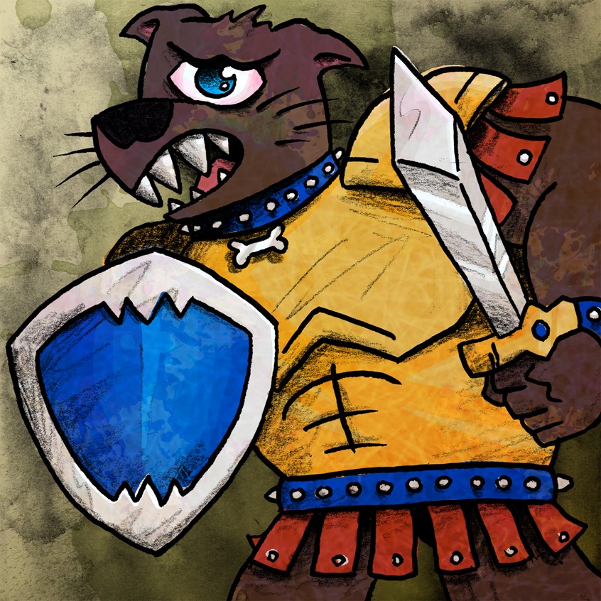 illustration of Character portrait for Avetinja, a work in progress puzzle RPG roguelite video game inspired by Serbian and Slavic folklore // psoglav, doghead, dog, knight, sword, shield, cyclops, monster, creature, mythology, myth, legend, armour, armor