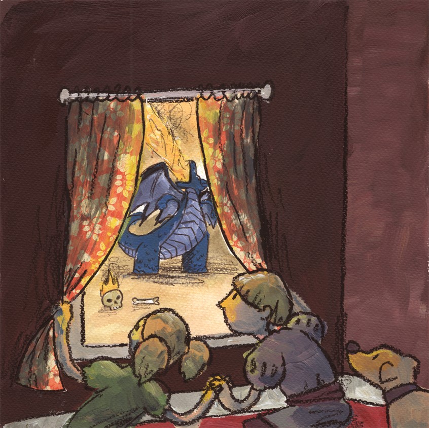 illustration of Concept Art/Full page illustration for a children's book about kindness, standing out from the crowd and being yourself, and dragons! In collaboration with author Dr. Pooky Knightsmith // dragon, drake, monster, fire, skull, bones, children, dog, pet, curtains, window, watching, fear, holding hands