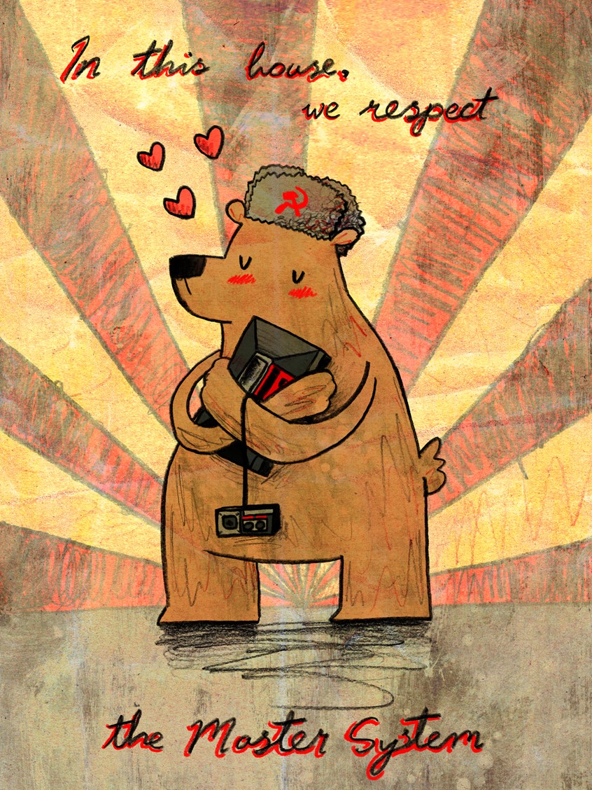 illustration of Commissioned piece for Twitch streamer RealSovietBear, part of a larger body of branding work, inspired by retro video games and Soviet propaganda posters. This design is actually sold as a poster on the channel's online shopfront // bear, gaming, ushanka, Serbia, Soviet, Communism, Communist, heart, blush, hug, love, respect
