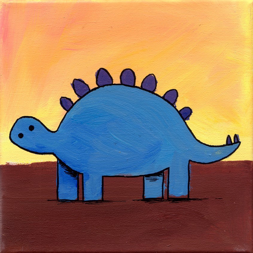 illustration of Part of a series of self-directed paintings depicting dinosaurs. Usually sold online in sets of 4 and slightly pop art inspired // stegosaurus, stegosaur, lizard, reptile, monster, cute, minimalist, blue