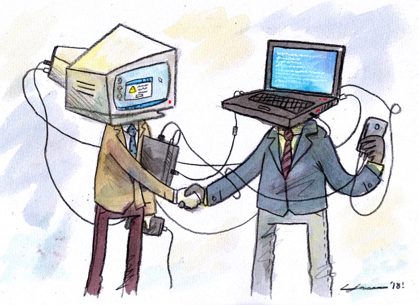 illustration of A self-directed piece about man's relationships with technology and one another // computer, error, laptop, monitor, wires, cables, internet, business, Zoom, social media, dystopia, cyberpunk