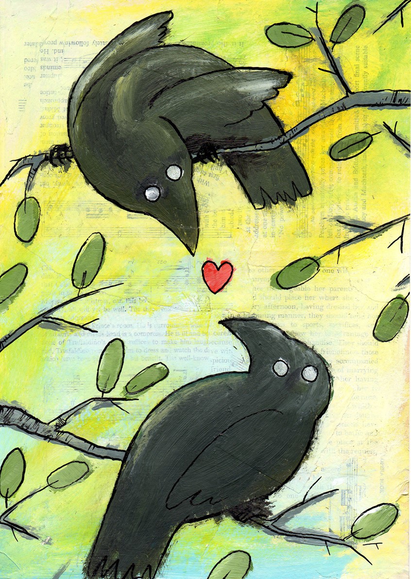 illustration of Self-directed painting produced for a collaborative zine about love, and later sold as is // crow, corvid, crows, raven, ravens, love, heart, zine, small press, self-publishing, tree, trees, leaves, branches, branch