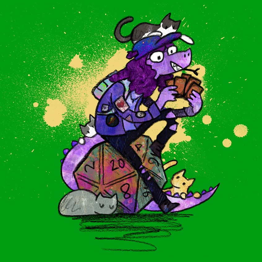 illustration of Commissioned piece for a character design. A lizard/dragon queerpunk gamer person with an army of cats // reptile, punk, fashion, dice, die, card, cards, magic, gaming