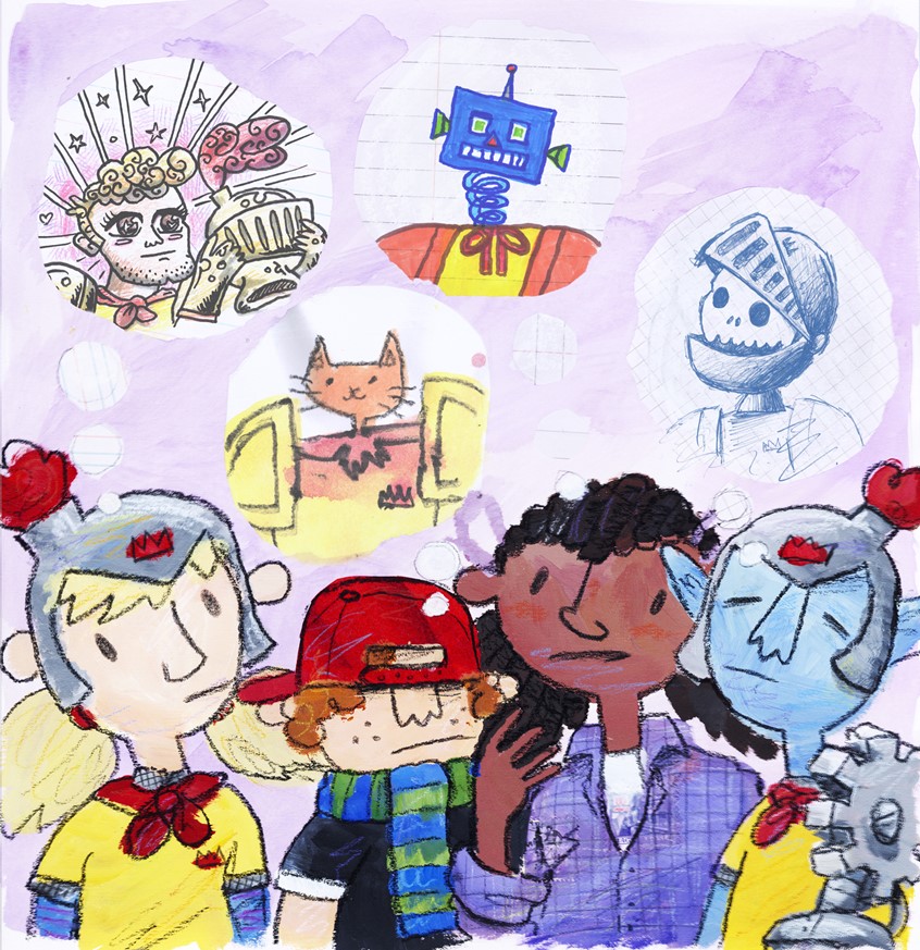 illustration of Excerpt from The Nervous Knight, my new children's book about anxiety published by Jessica Kingsley Publishers.
The protagonist's anxiety is visually represented by a huge suit of armour that they never take off for fear of something bad happening. The other characters in the book don't even know what they look like and can only imagine // imagination, anxiety, armor, armour, helmet, skull, cat, robot, mental health, hiding, cyborg, elf