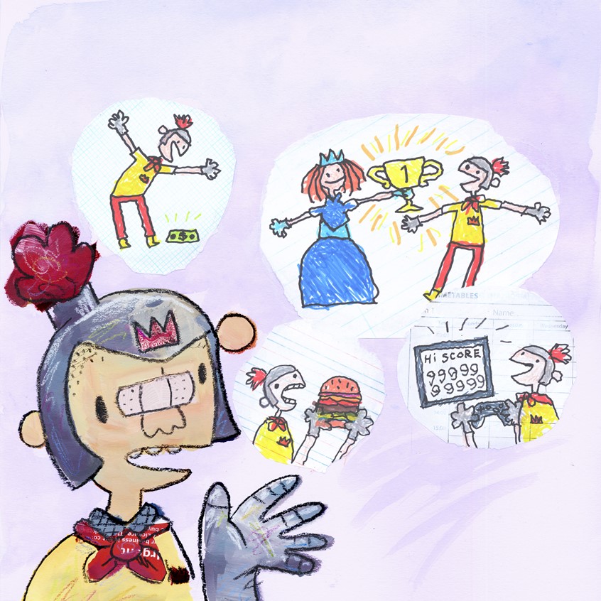 illustration of Excerpt from The Nervous Knight, my new children's book about anxiety published by Jessica Kingsley Publishers.
Towards the end of the book, the protagonist starts to learn valuable lessons to mitigate their worries, such as that their peers worry about things going wrong too, but that these worries can be offset by positive thoughts // thoughts, worries, positive thinking, anxiety, mental health, worry, helmet, knight, burger, hamburger, princess, royalty, regal, fairy tale, fairytale