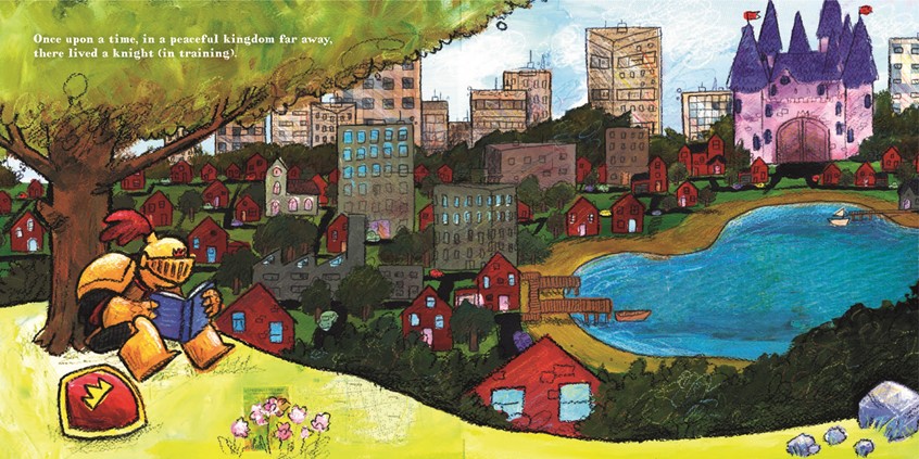 illustration of Opening spread from The Nervous Knight, my new children's book about anxiety published by Jessica Kingsley Publishers // knight, armour, armor, reading, book, shield, tree, hill, town, city, castle, lake, anxiety, worry, mental health, peace, calm, tranquility, alone, lonely, fairy tale