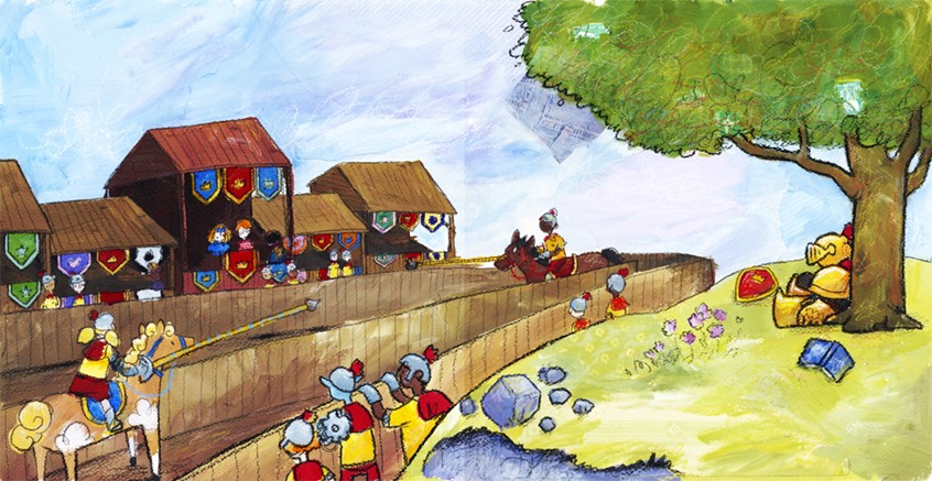 illustration of Another establishing shot from The Nervous Knight, my new children's book about anxiety published by Jessica Kingsley Publishers. The book explores themes such as being too anxious to participate in events, and subsequently feeling left out // horse, horses, medieval, joust, jousting, lance, knight, knights, tree, hill, book, shield, armor, armour, flags, pennants, anxiety, worry, mental health, fomo, alone, lonely, fairy tale, fairytale, uniform, school, competition