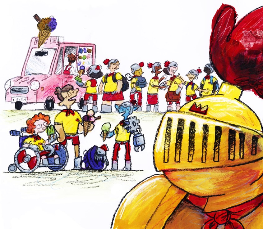 illustration of Excerpt from The Nervous Knight, my new children's book about anxiety published by Jessica Kingsley Publishers. The book explores themes such as being too anxious to participate in events, and subsequently feeling left out // ice cream, ice lolly, popsicle, knights, wheelchair, prosthetic, cyborg, elf, after-school, talking, chatting, helmet, armor, armour, anxiety, mental health, worry, fomo, uniform