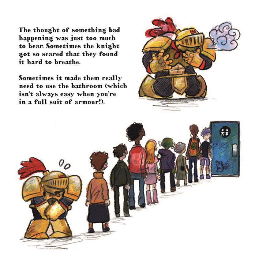 illustration of Excerpt from The Nervous Knight, my new children's book about anxiety published by Jessica Kingsley Publishers. The book explores the symptoms that a person with anxiety might experience in a way that is humorous but that doesn't poke fun at anybody // armor, armour, sweat, sweating, breath, breathing, bathroom, queue, line, waiting, anxiety, worry, fear, mental health, fantasy, fairytale, fairy tale