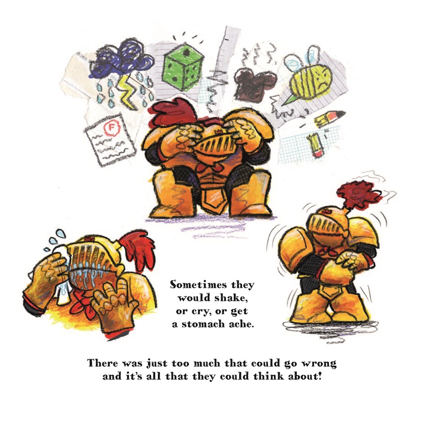 illustration of Visual montage from The Nervous Knight, my new children's book about anxiety published by Jessica Kingsley Publishers.
The book explores physical, mental and emotional symptoms of anxiety in a way that is humorous but that doesn't poke fun at anybody // armour, armor, hiding, scared, fear, anxiety, worry, imagination, mental health, fairytale, fairy tale, die, dice, bee, toast, school, storm, rain, thunder, lightning