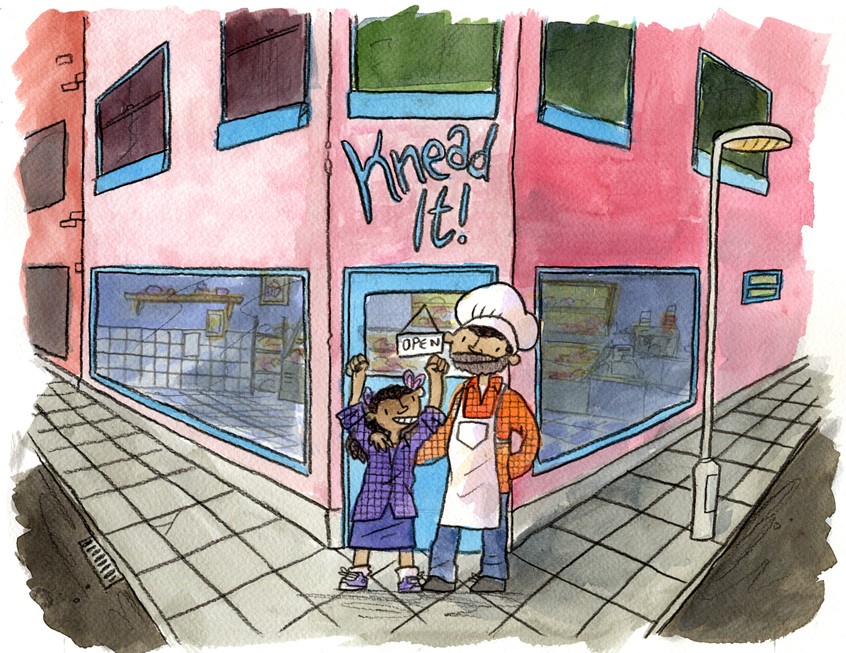 illustration of Excerpt from Pearla and her Unpredictably Perfect Day, written by Rochel Lieberman and published by Jessica Kingsley Publishers - A story about mitigating worry, and accepting mistakes as they happen // father, daughter, bakery, shop, store, storefront, shopfront, baker, plaid, flannel, puns, wordplay, bake shop, bakeshop, chef, cook