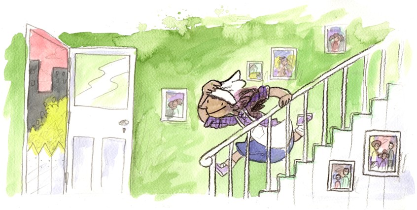 illustration of Excerpt from Pearla and her Unpredictably Perfect Day, written by Rochel Lieberman and published by Jessica Kingsley Publishers - A story about mitigating worry, and accepting mistakes as they happen // stairs, jump, run, family, home, house, apron, chef, cook, baker, morning, door